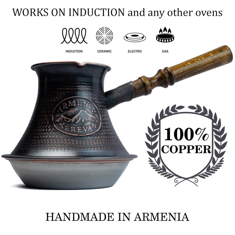 HandCraftoria Handmade Armenian Coffee Pot Maker 27 Fl Oz (800ml) Induction Copper Jazva Ararat Turkish Arabic Greek Cezve Jezve Ibrik Turka Jazve Wooden Handle - Image 2